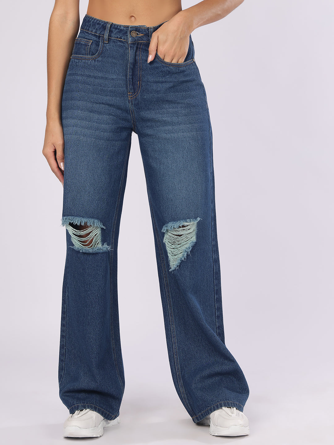 Women’s Dark Blue Distressed Straight Fit Denim Jeans