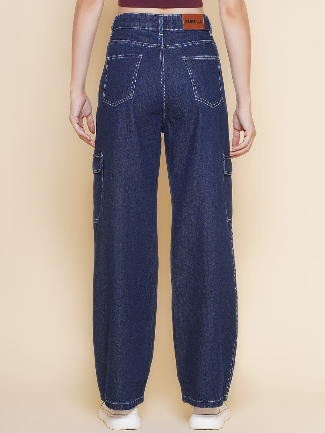 PUELLA Women’s Black Cargo Straight Fit stretchable Jeans with Contrast Stitching – Multi-Pocket Utility Denim