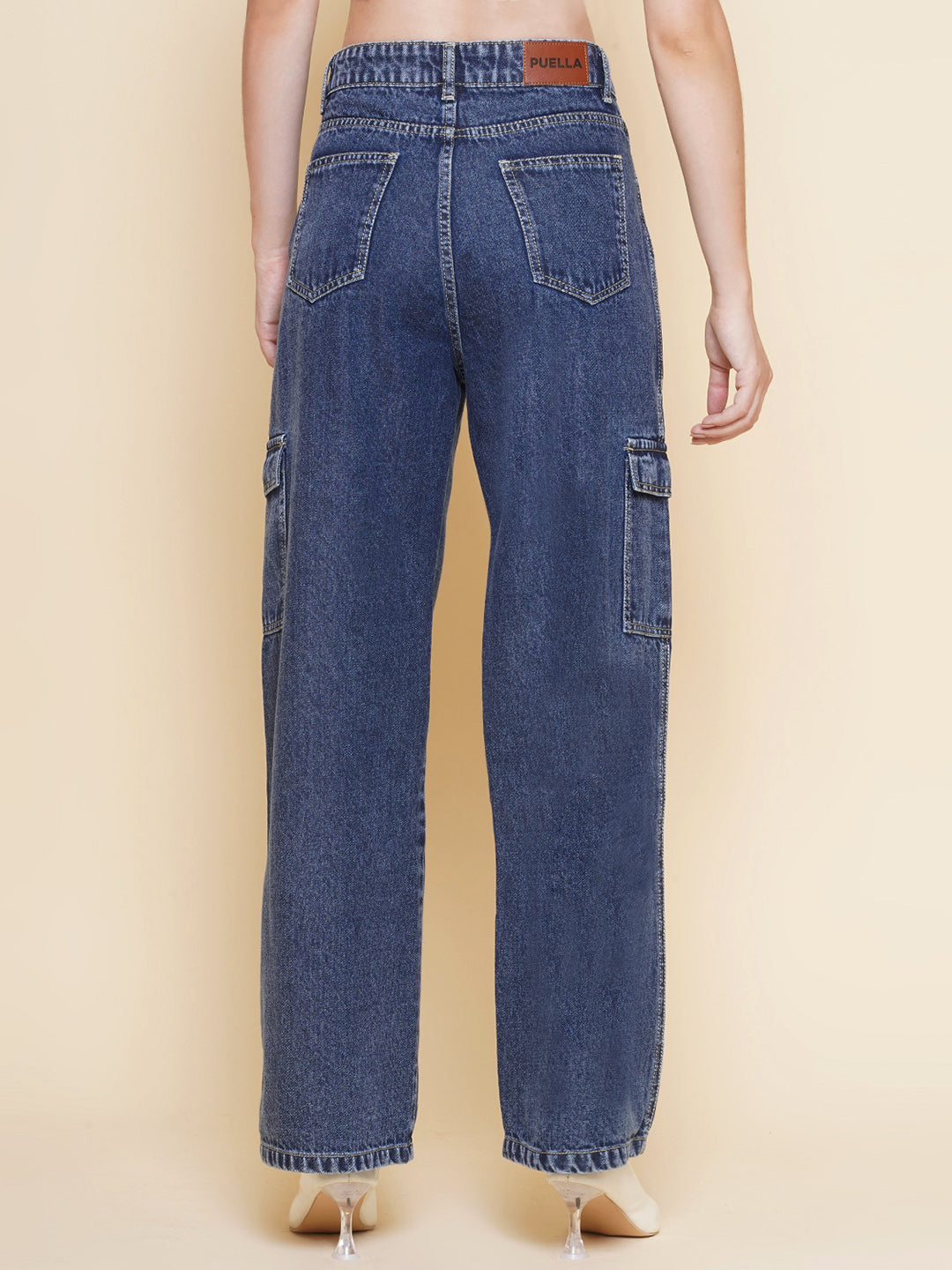 PUELLA Women’s Dark Blue Cargo Straight Fit stretchable Jeans  – Multi-Pocket Utility Denim