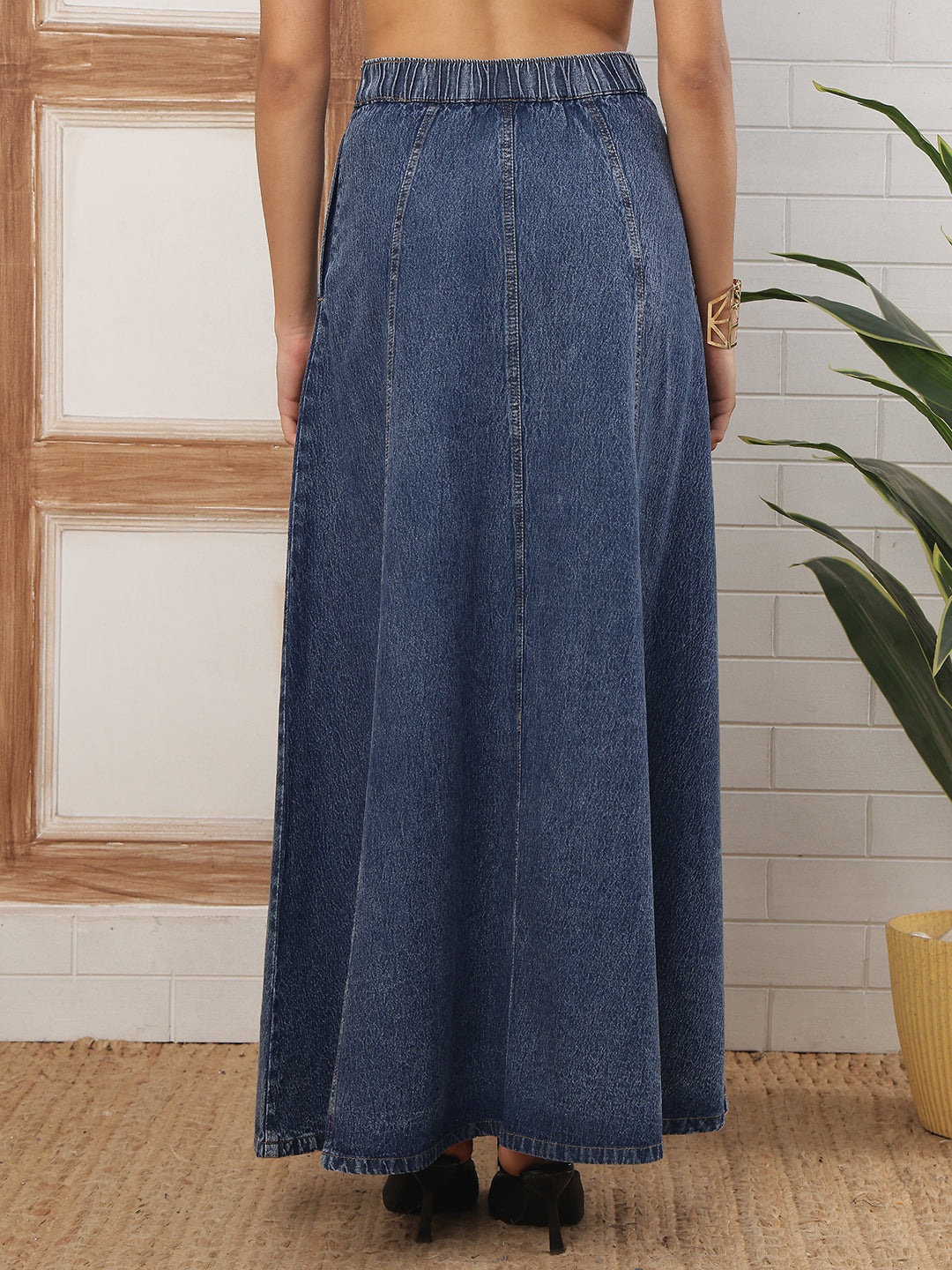 Women’s Indigo Blue Flared Denim Maxi Skirt