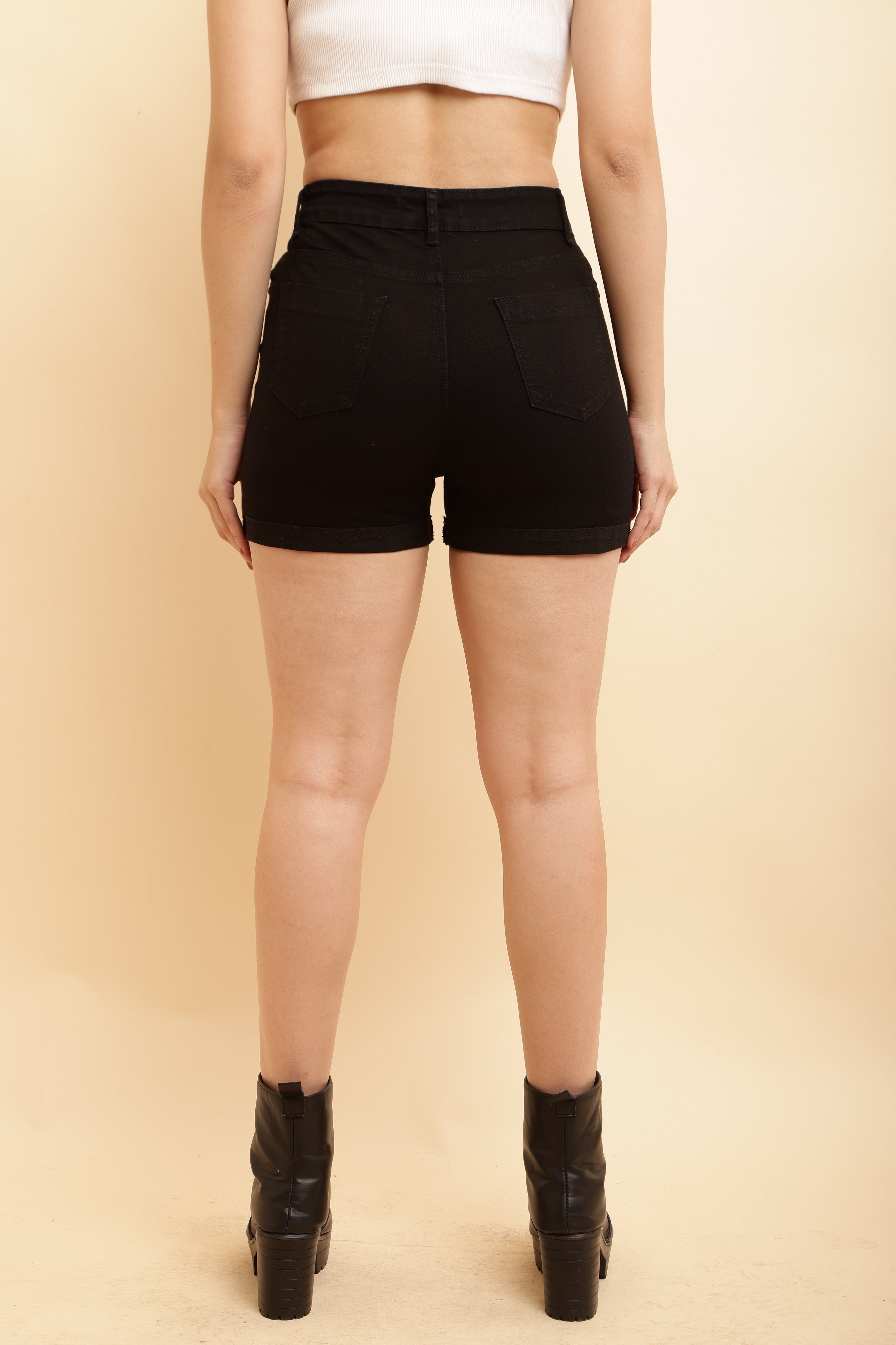 PUELLA Women’s Black High-Rise Slim Fit Denim Shorts with Folded Hem