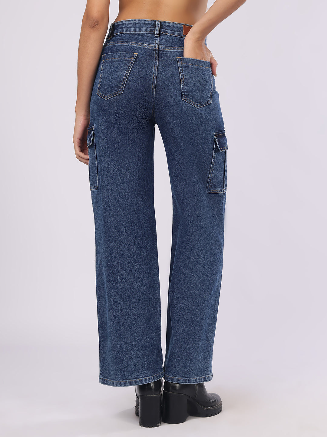 Women’s Dark Blue Straight Fit Cargo Denim Jeans