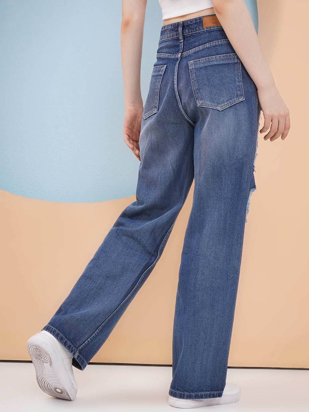 PUELLA Women Dark Blue High-Rise Distressed Straight Fit Jeans