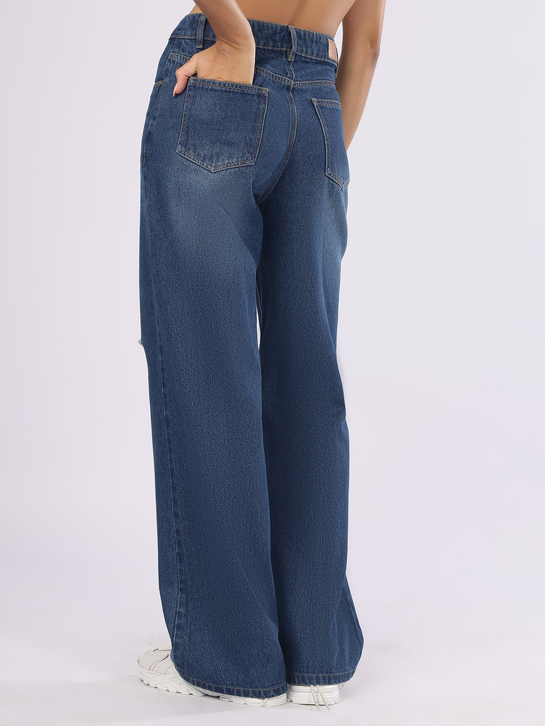 Women’s Dark Blue Distressed Straight Fit Denim Jeans