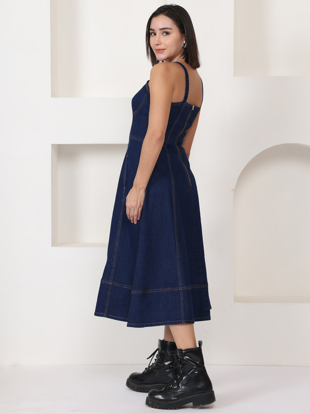 PUELLA Navy Blue Solid Denim A-Line Midi Dress