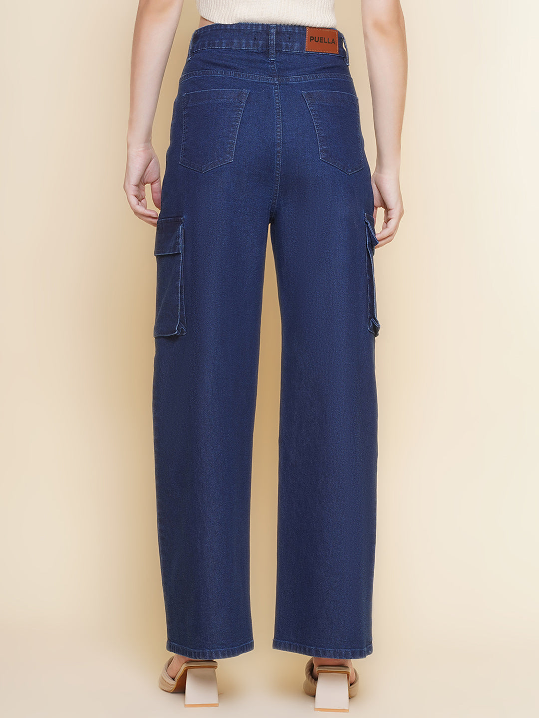 PUELLA Women’s High Rise Cargo Straight Fit Jeans – Black / Dark Blue