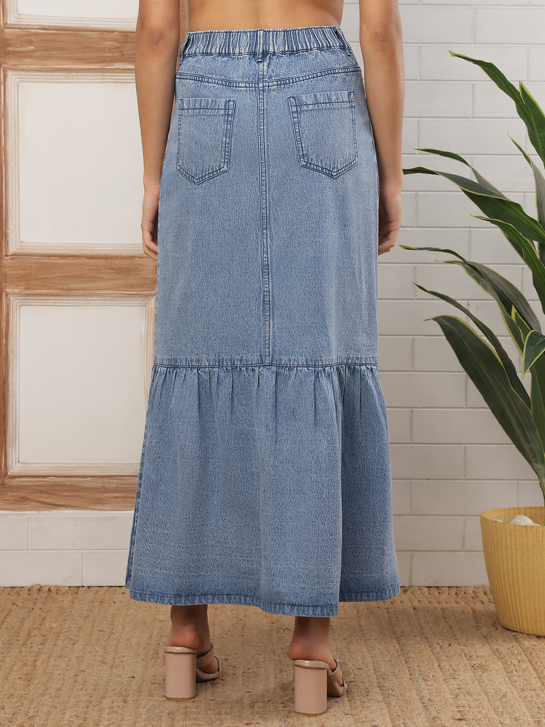 Women’s Light Blue Button-Down Tiered Denim Maxi Skirt