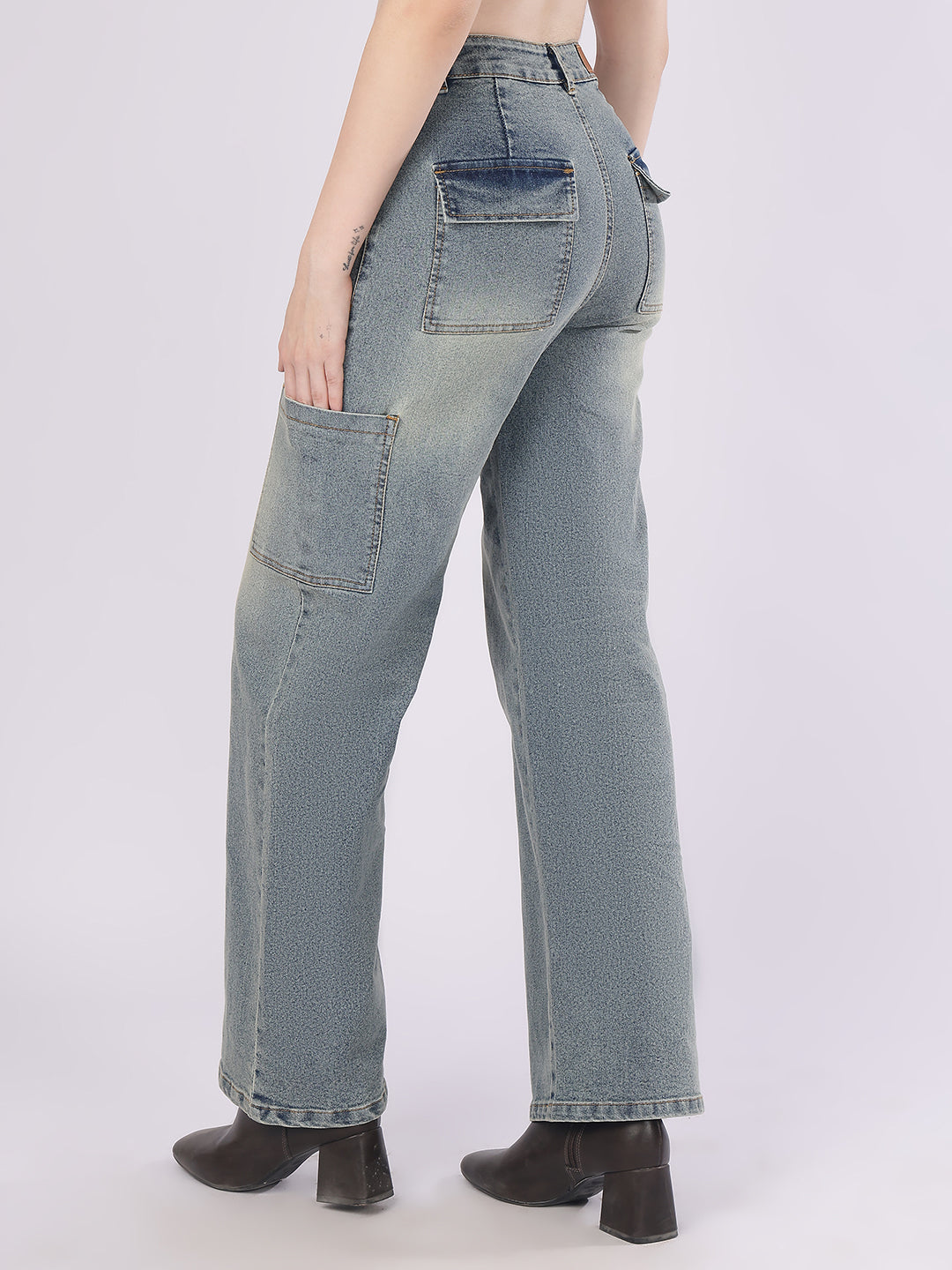 Women’s Blue Straight Fit Cargo Denim Jeans