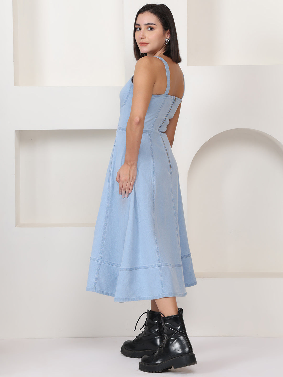 PUELLA Women Light Blue Stretch Denim Fit & Flare Midi Dress