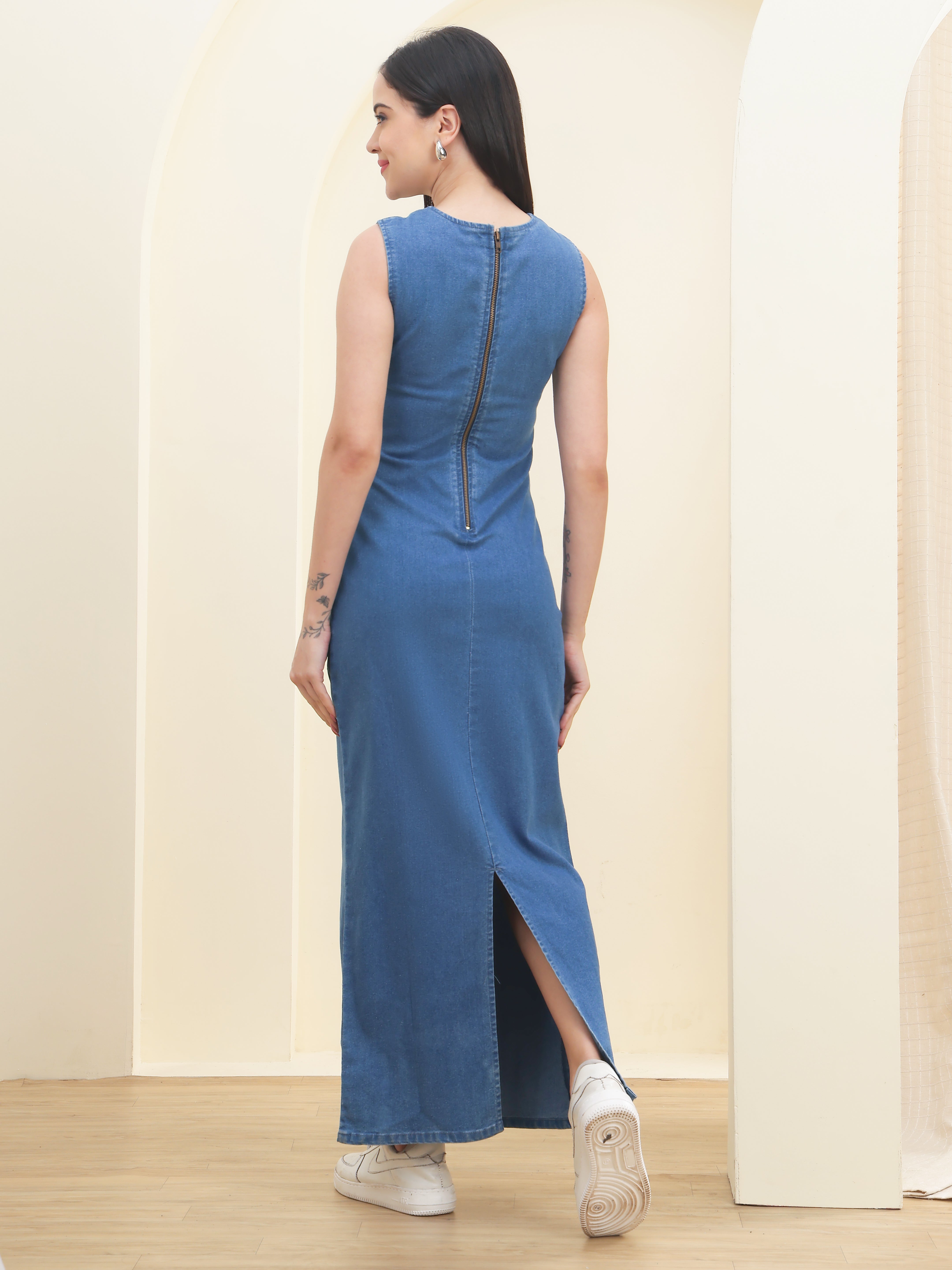 DOZER Blue Denim Sleeveless Straight Maxi Dress