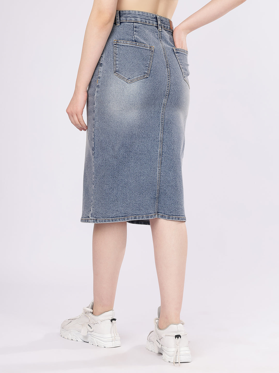 Women’s Mid Blue Denim Pencil Skirt with Front Slit