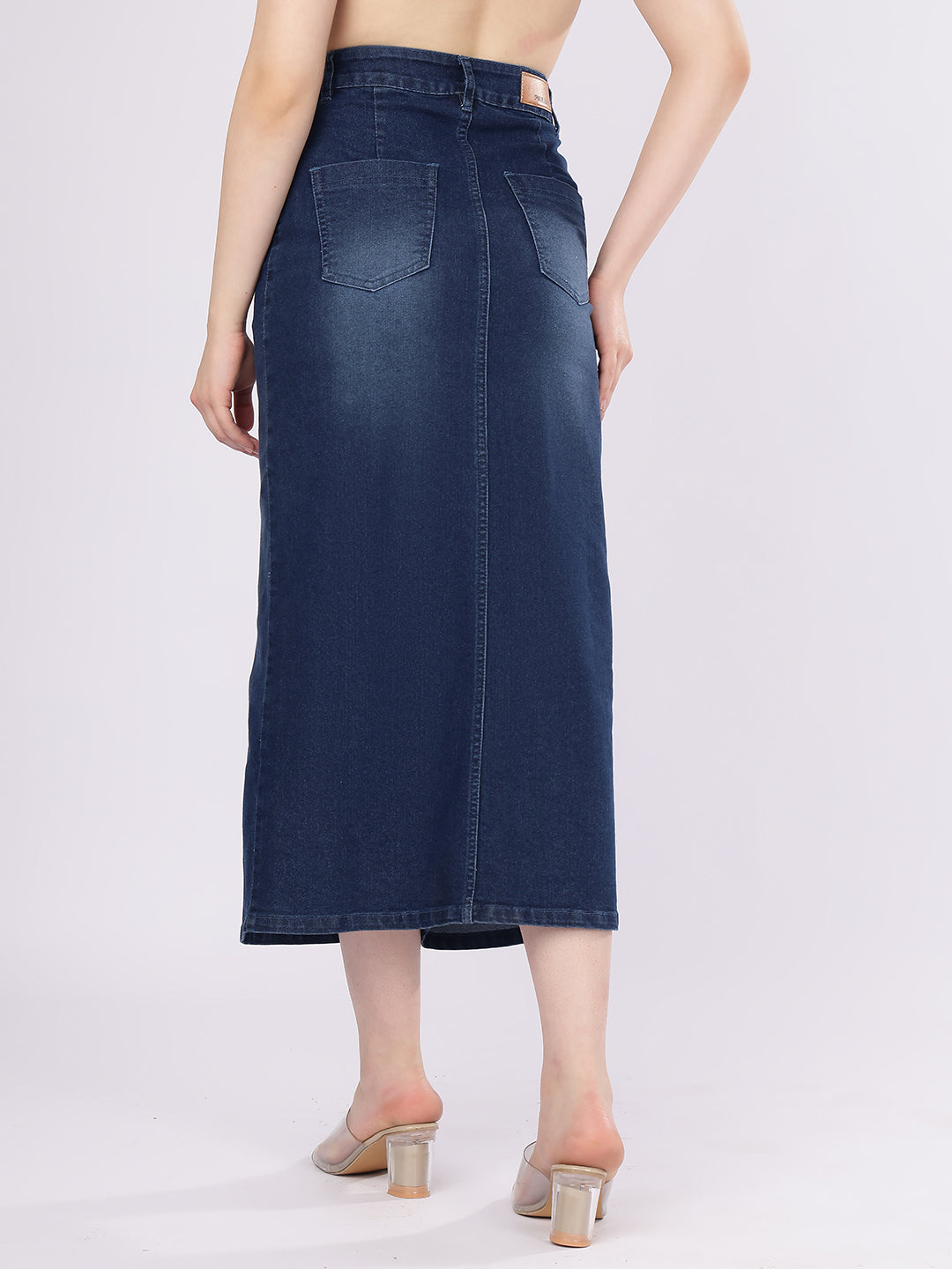 Women’s Dark Blue High-Rise Denim Straight Skirt with Front Slit