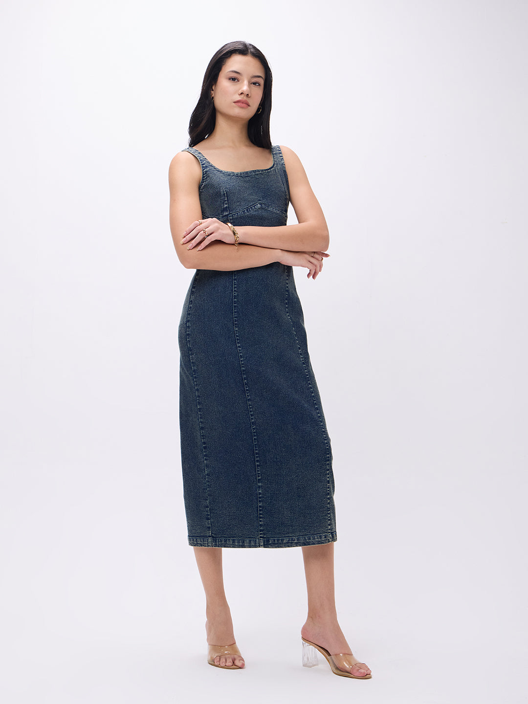 PUELLA Women’s Sleeveless Denim Bodycon Midi Dress – Dark Wash