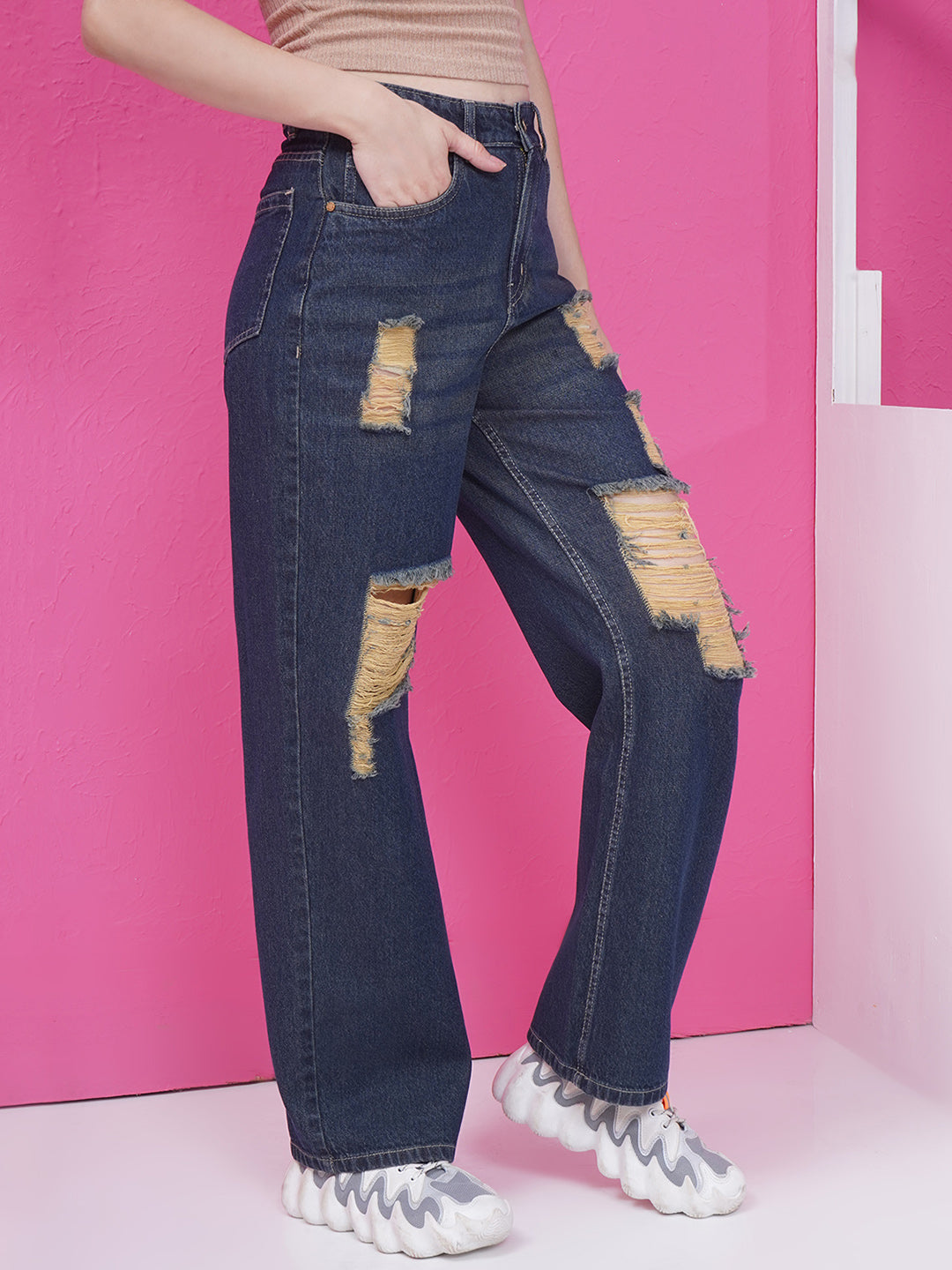 PUELLA Women Dark Blue High-Rise Distressed Straight Fit Jeans