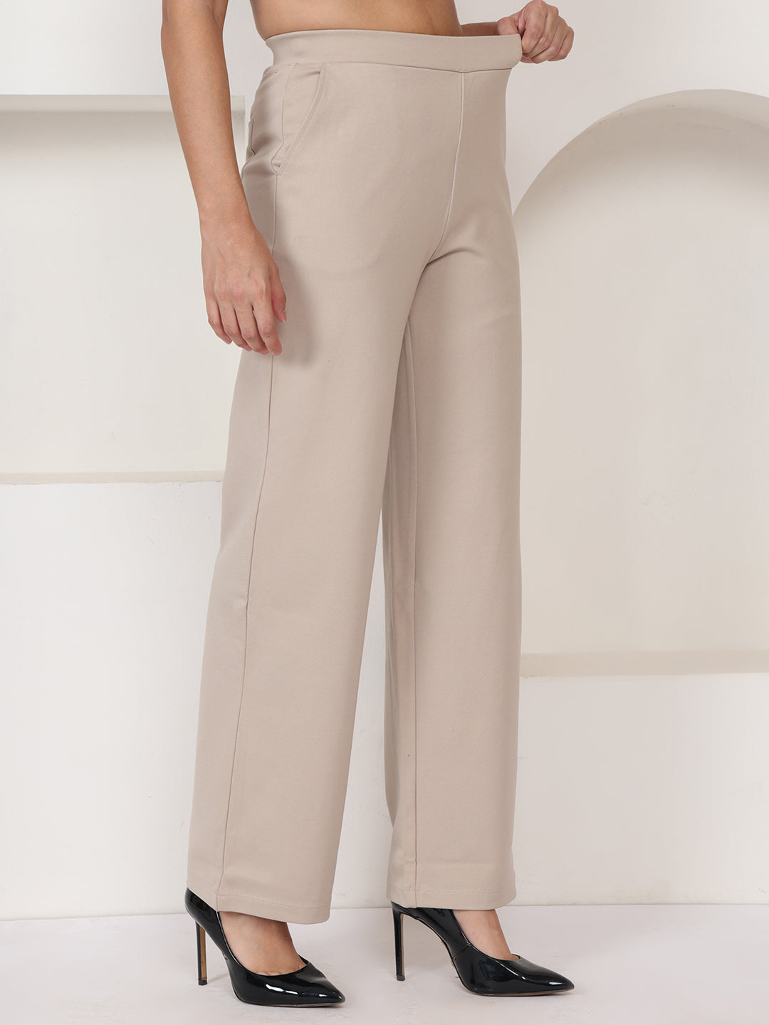 PUELLA Women’s Beige High-Rise Knitted Formal Trousers