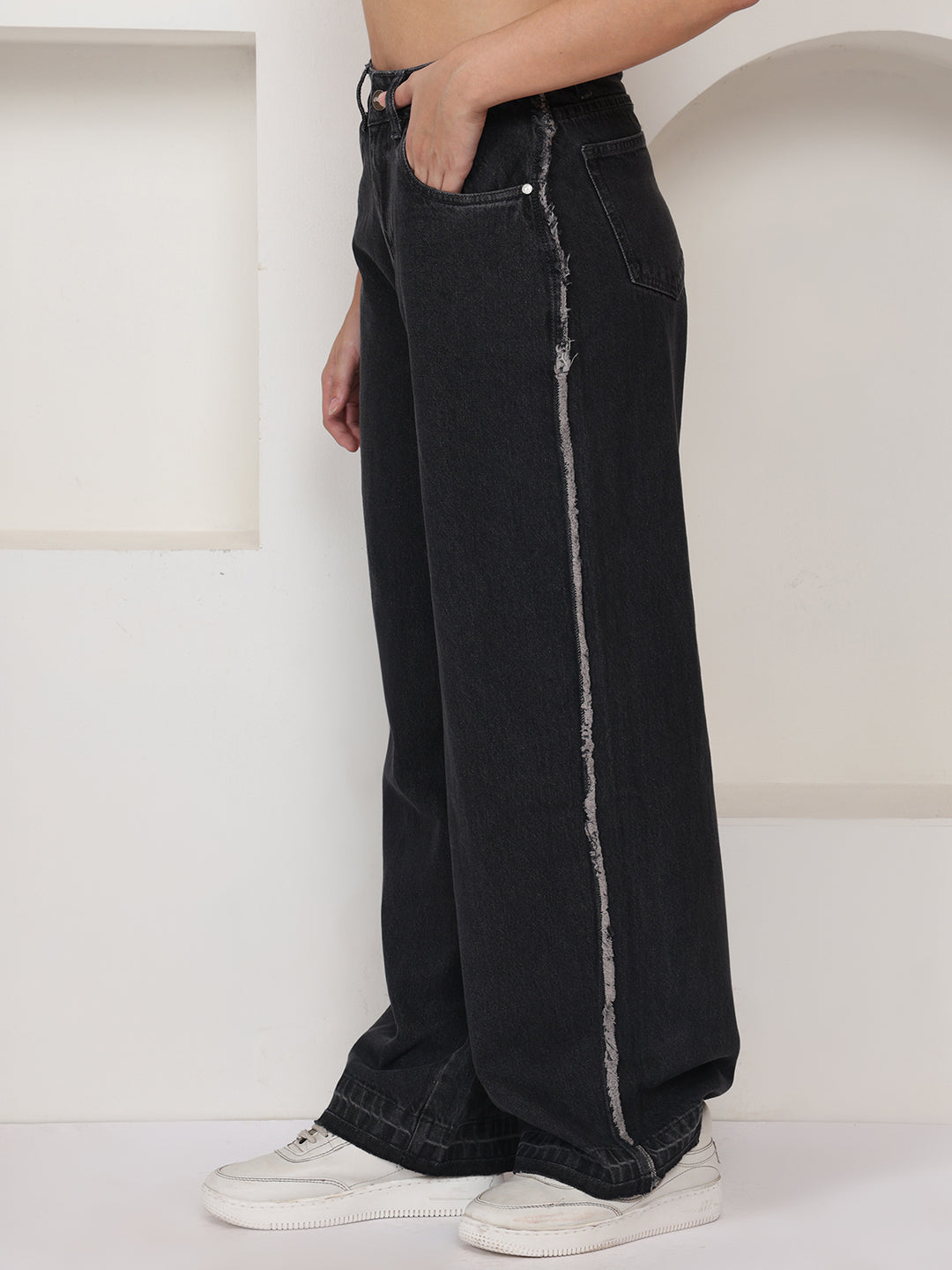 PUELLA Women Dark Black High-Rise Wide Leg Jeans with Light Fade & Raw Side Detailing