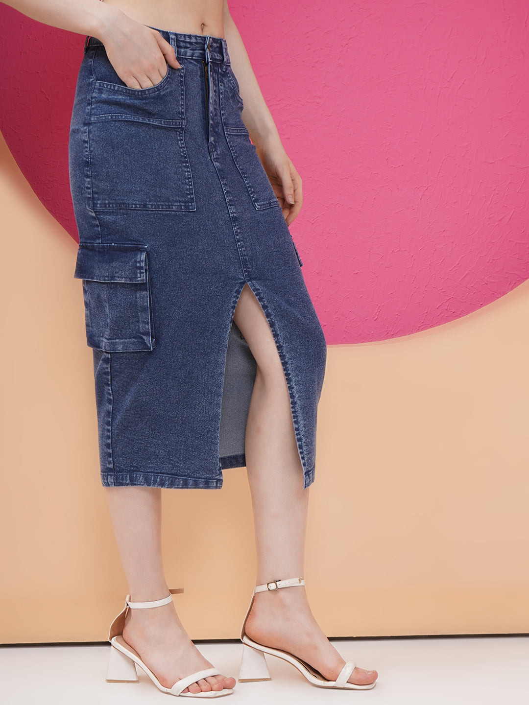 PUELLA Women’s Blue High-Rise Cargo Style Denim Skirt with Front Slit