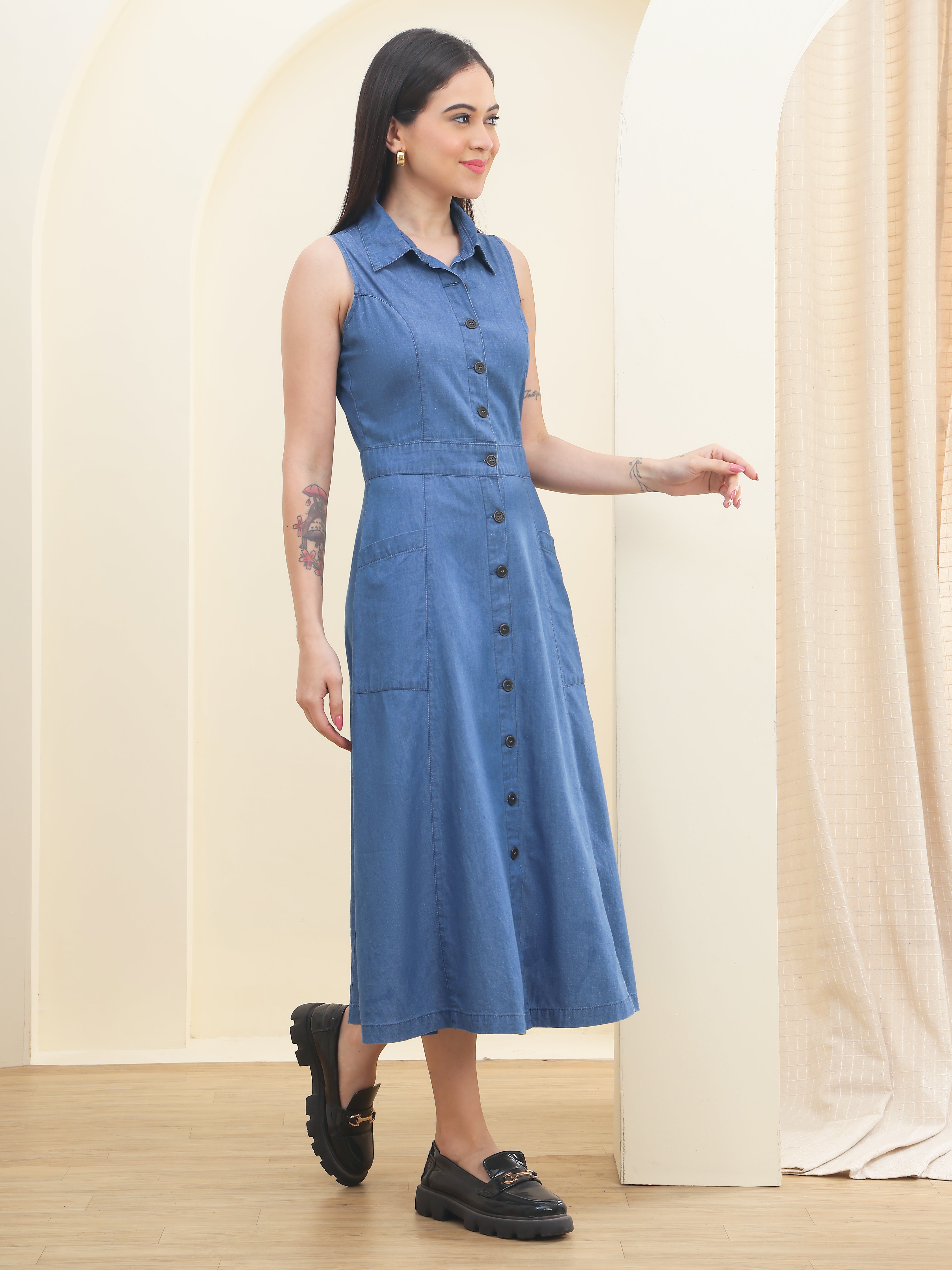 DOZER Mid Blue Denim Button-Down Maxi Dress