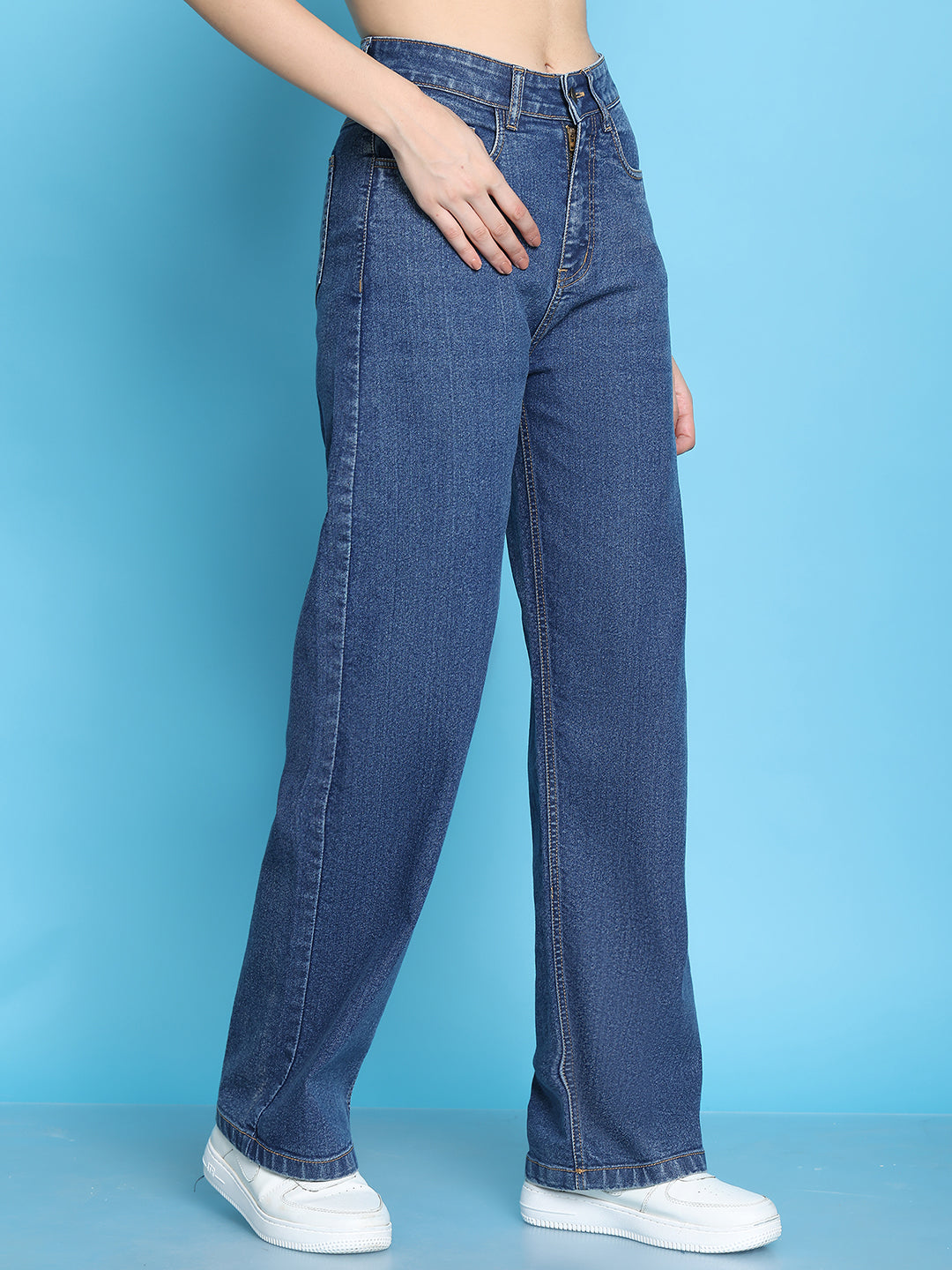 PUELLA Women’s Dark Blue High-Rise Loose Straight-Fit Jeans