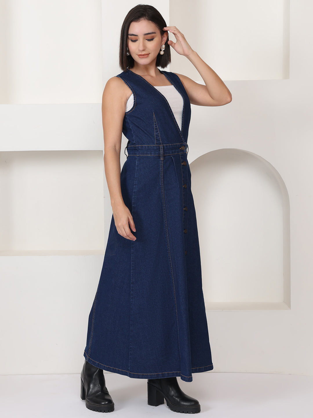 PUELLA Women Navy Blue Belted A-Line Denim Maxi Dress