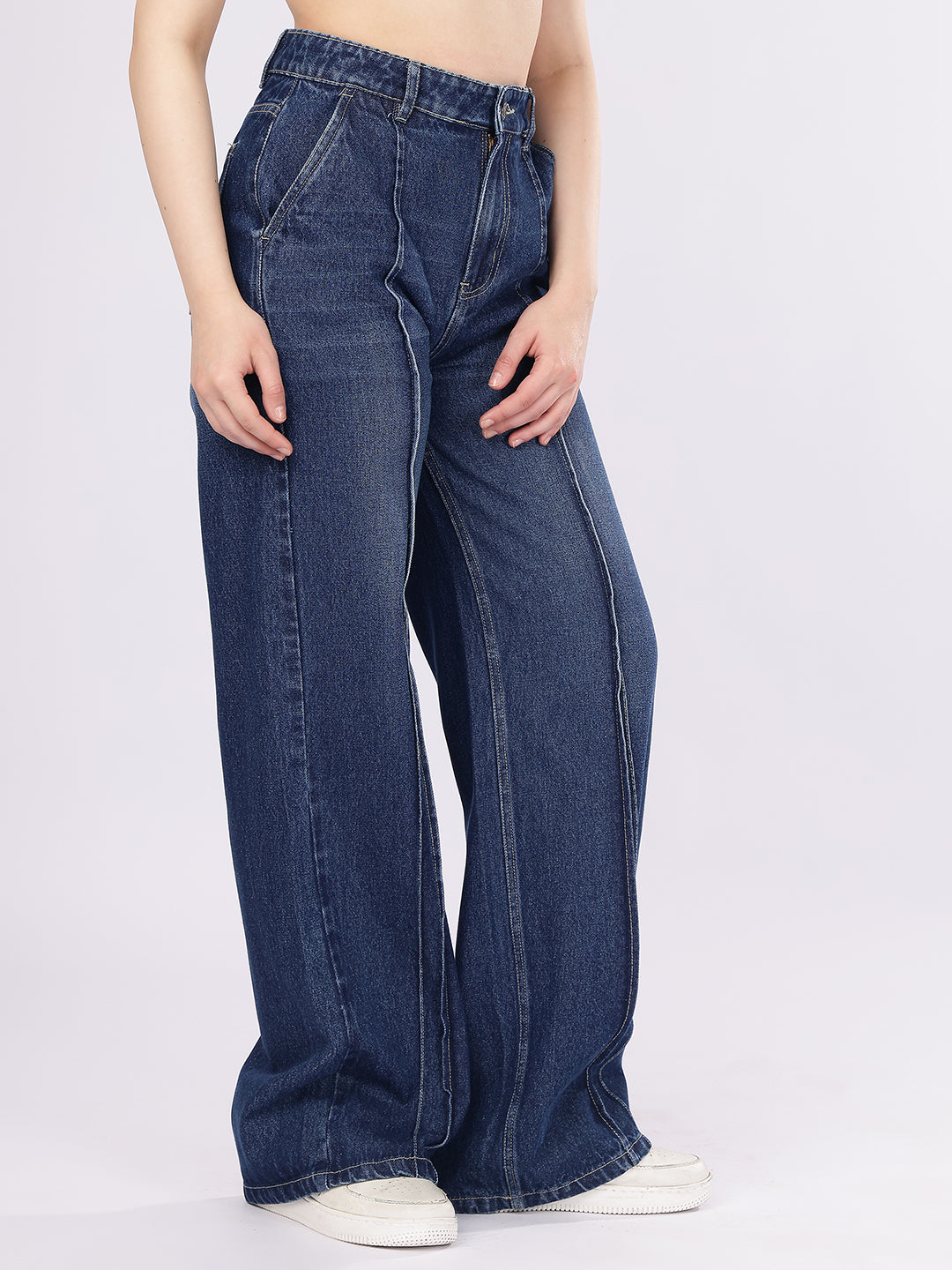 PUELLA Women's Dark Wash High-Rise Straight Fit Jeans with Front Seam Detail