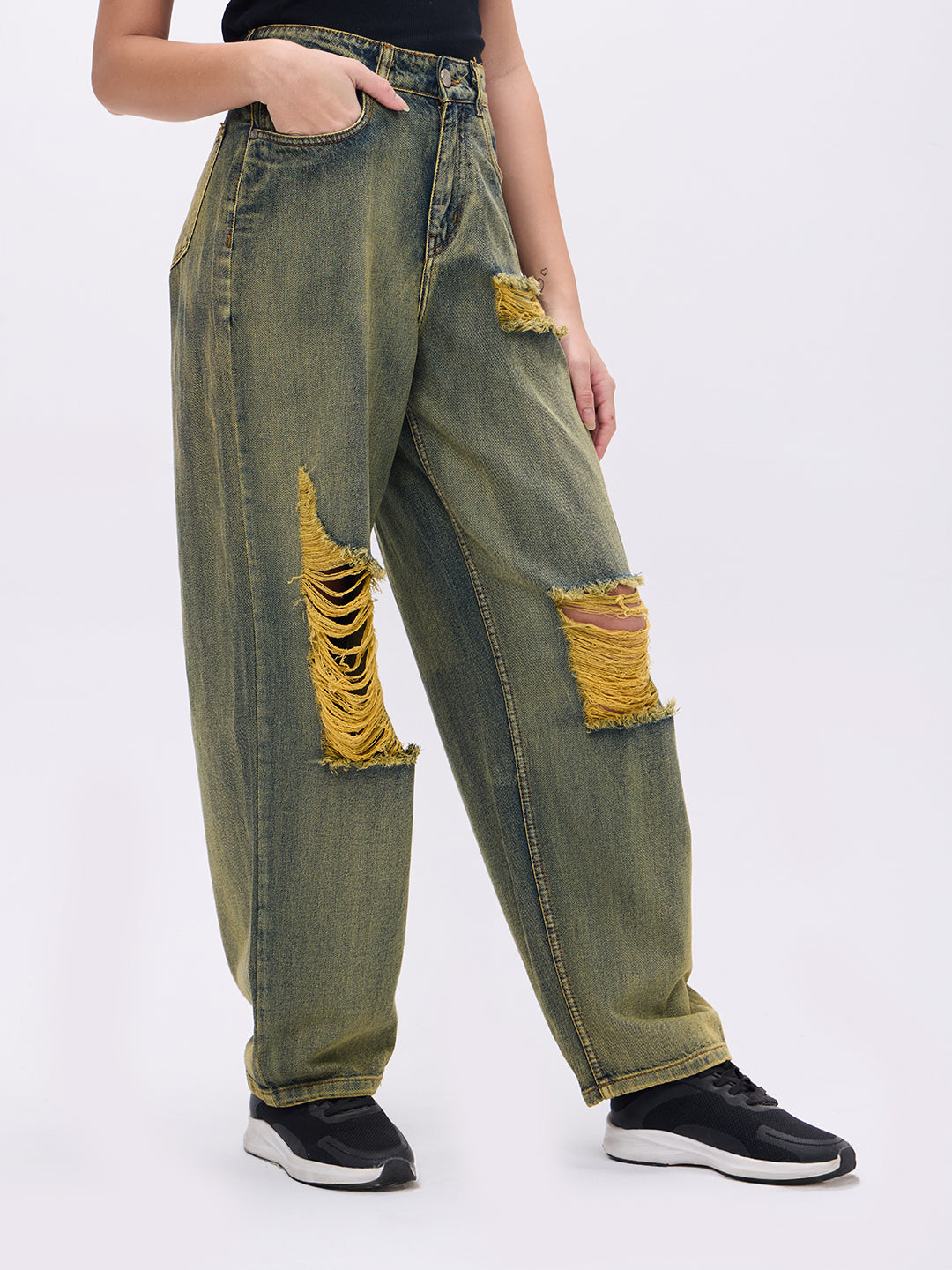 PUELLA Women High-Rise Olive Distressed Wide-Leg Jeans