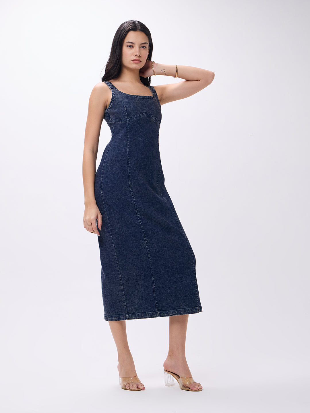 PUELLA Women’s Dark Blue Denim Bodycon Midi Dress