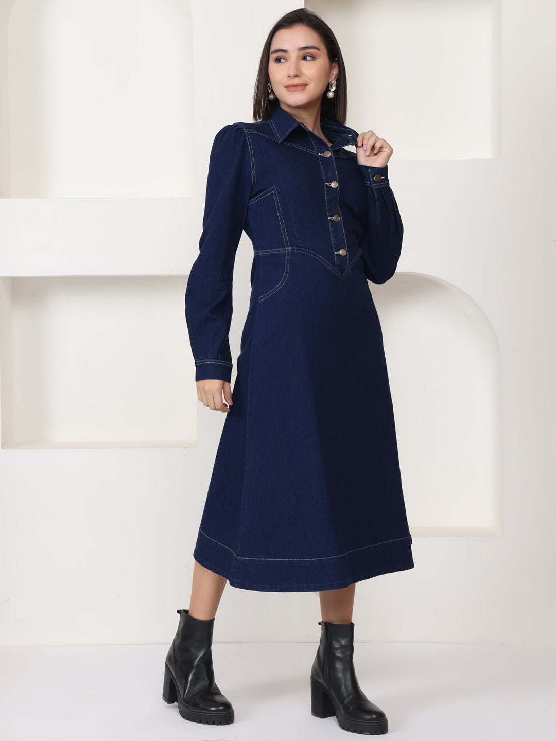 PUELLA Navy Blue Solid Denim Shirt-Collar A-Line Midi Dress
