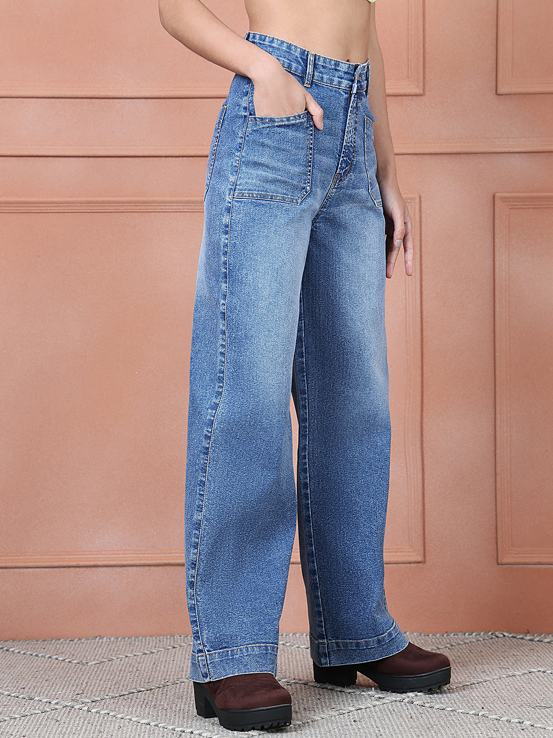 PUELLA Women Light Blue Washed High-Rise Cargo Pocket Wide-Leg Jeans