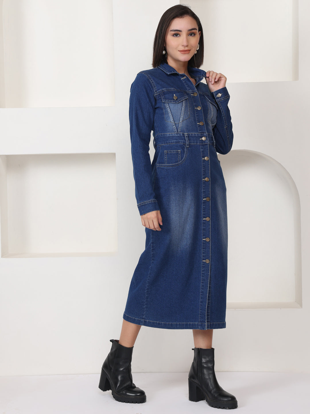 PUELLA Blue Solid Denim Shirt Midi Dress