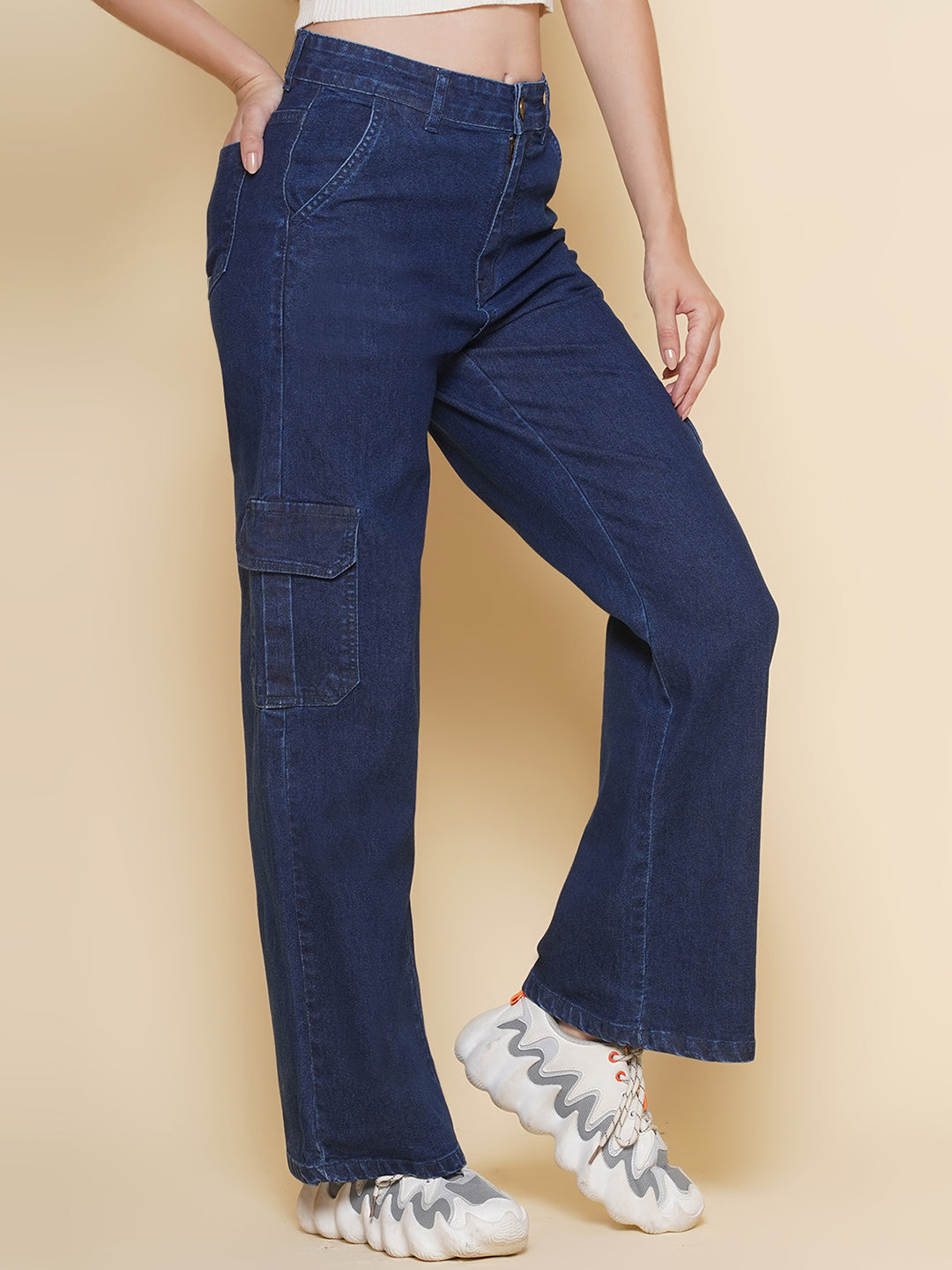 PUELLA Women’s Cargo Straight Fit Mid Rise Jeans – Dark Blue