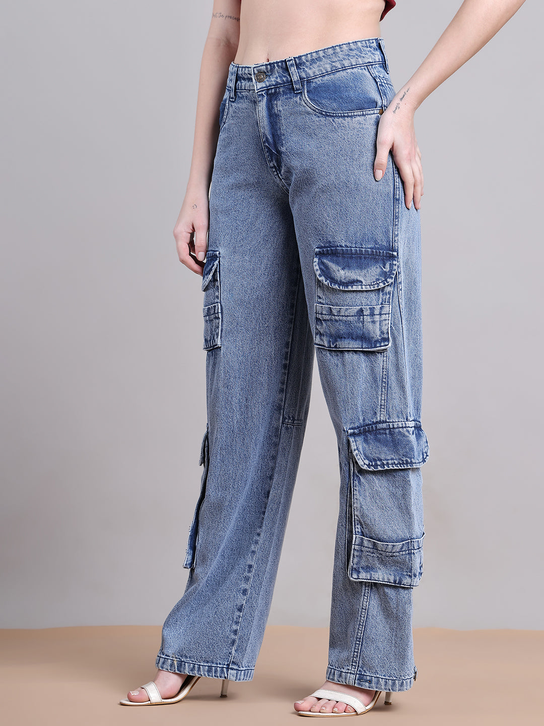 PUELLA Women Light Blue Multi-Pocket Cargo Wide-Leg Jeans