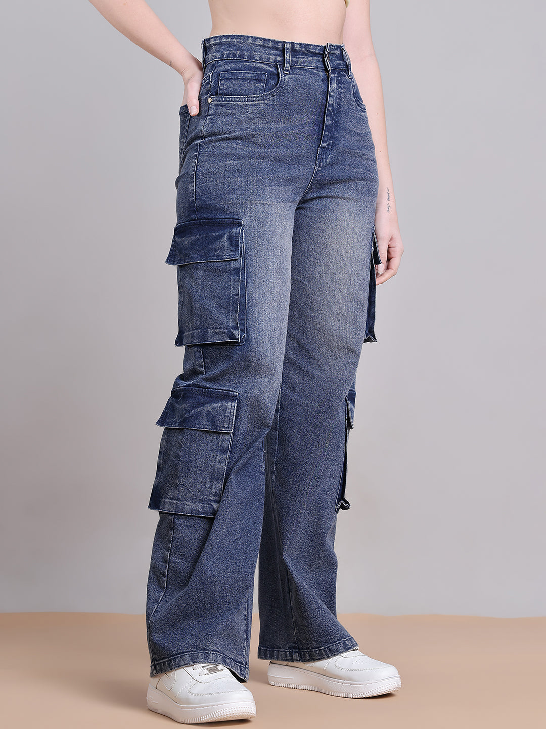 PUELLA Women Dark Blue High-Rise Multi-Pocket Cargo Wide-Leg Jeans