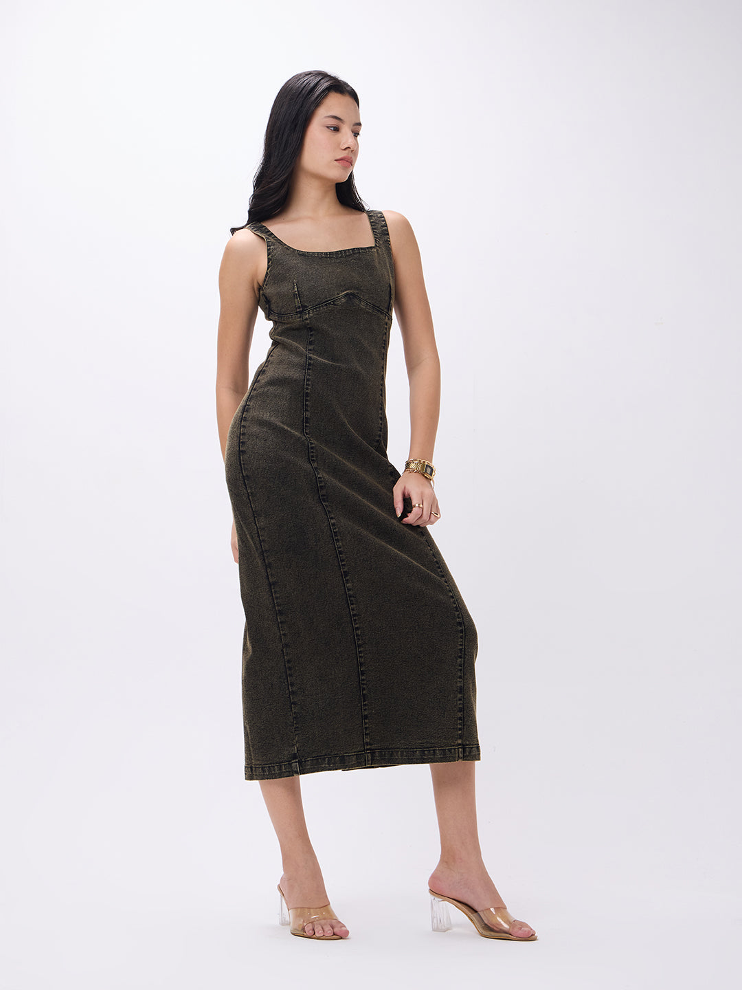 PUELLA Women’s Olive Washed Sleeveless Denim Bodycon Midi Dress