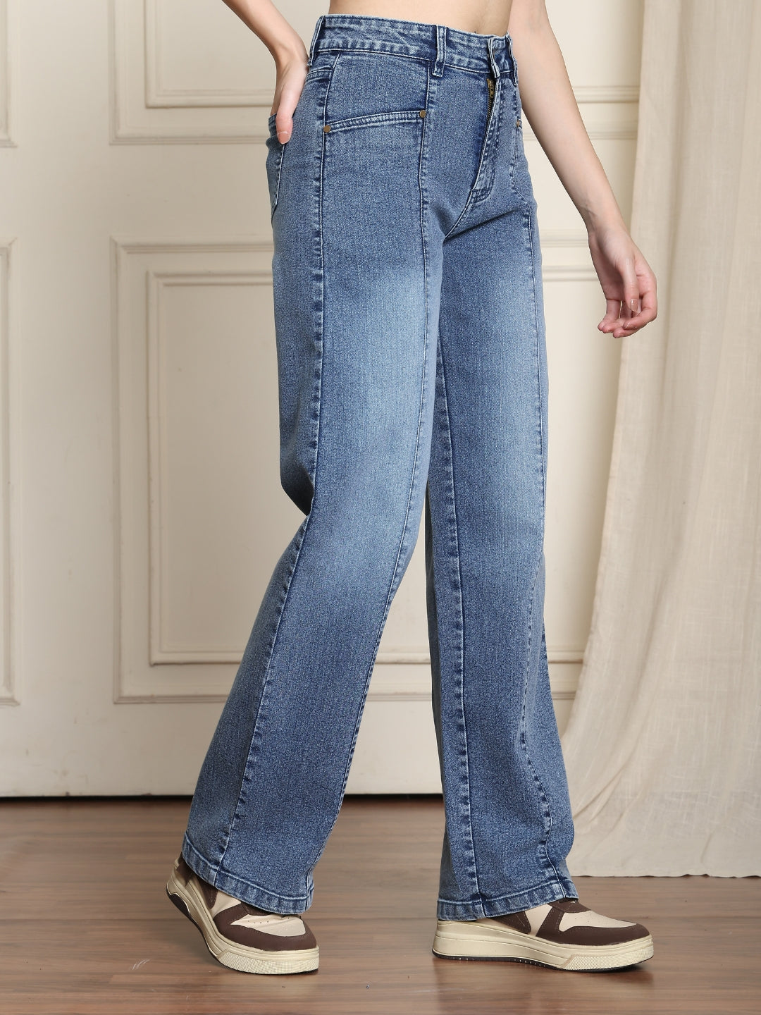 PUELLA Women High-Rise Light Blue Wide-Leg Jeans with Front Seam Detailing