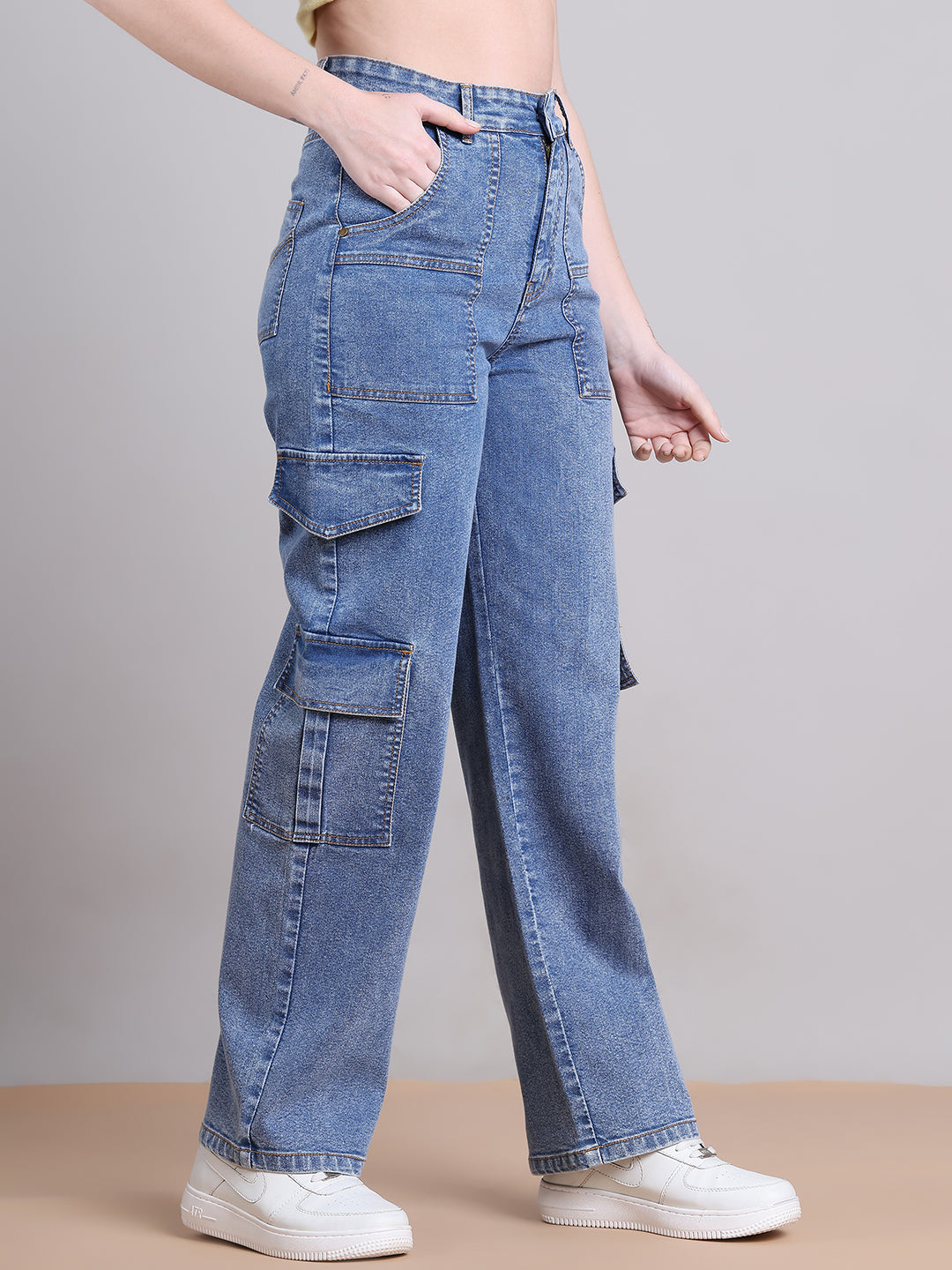 PUELLA Women Light Blue High-Rise Utility Cargo Wide-Leg Jeans