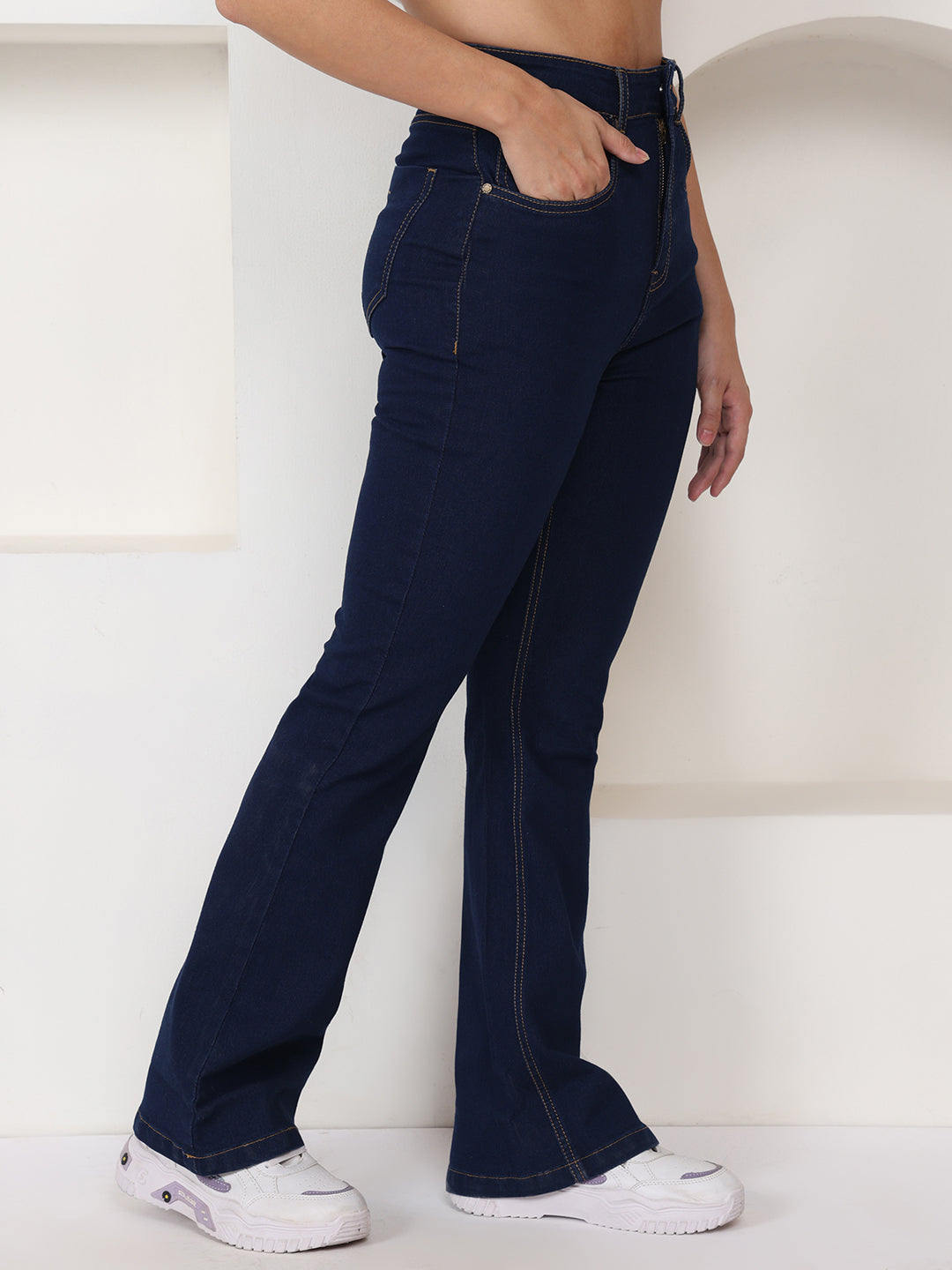 PUELLA Women Dark Blue High-Rise Bootcut Stretch Jeans