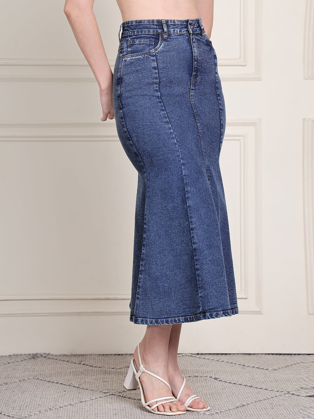 PUELLA Women's Blue Solid Flared Midi Denim Skirt