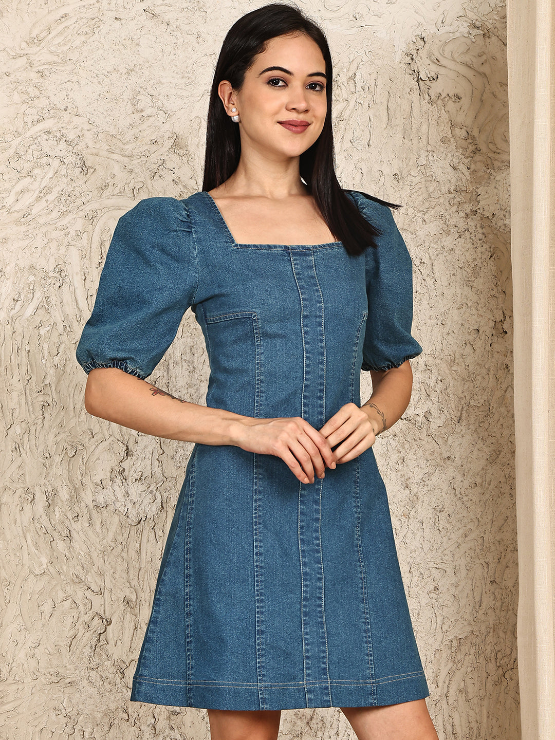 PUELLA Women’s Denim A-Line Mini Dress with Puff Sleeves & Square Neck