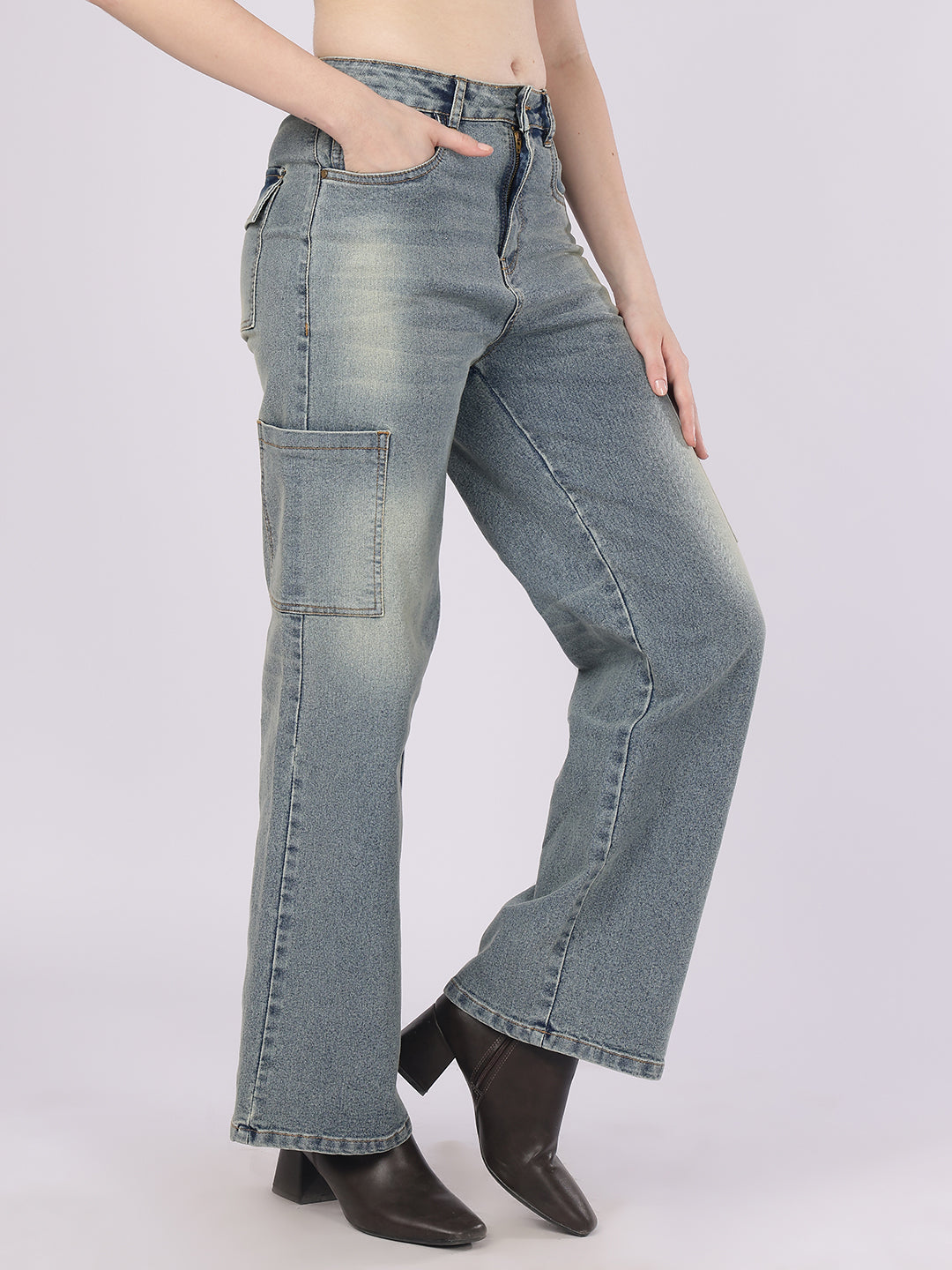 Women’s Blue Straight Fit Cargo Denim Jeans