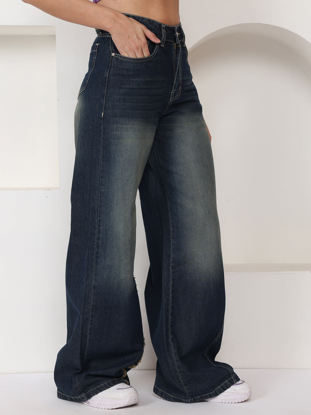PUELLA Women Dark Blue High-Rise Wide Leg Jeans