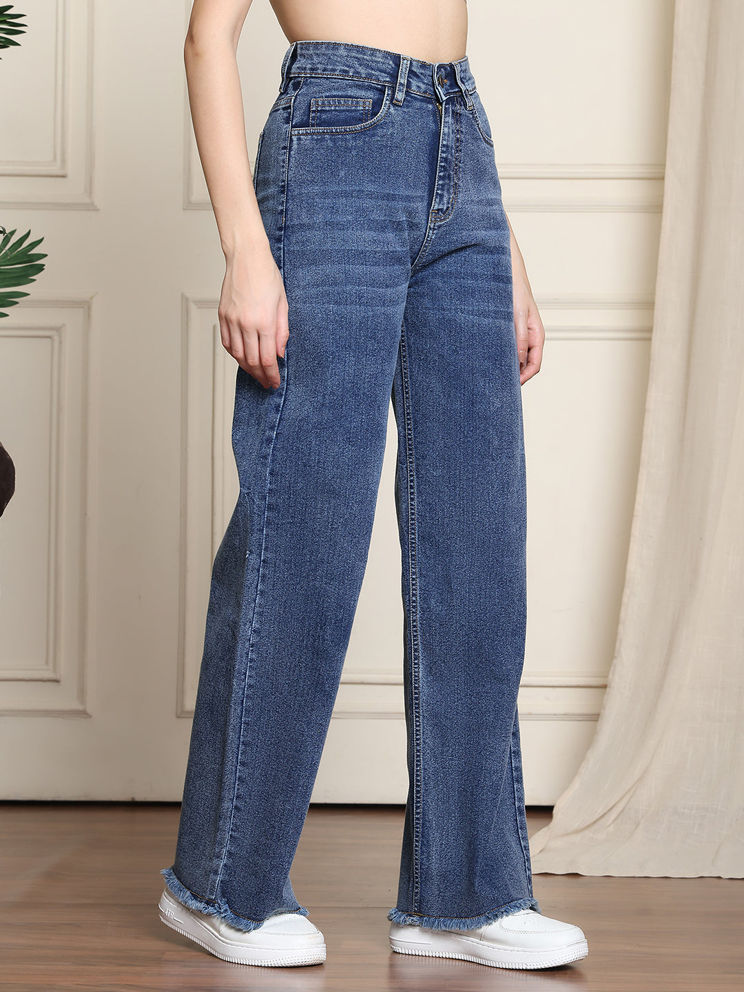 PUELLA Women Mid-Blue High-Rise Wide-Leg Jeans with Frayed Hem