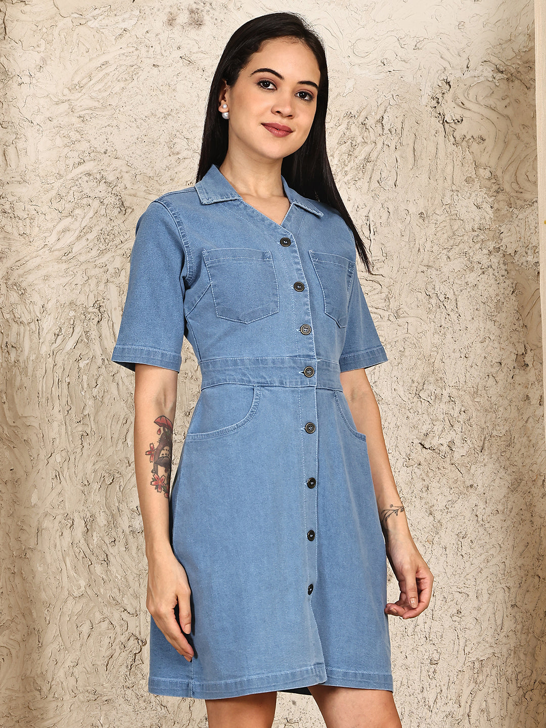 PUELLA Women’s Denim Button-Down Shirt Collar Mini Dress with Pockets – Blue Bodycon Casual Wear