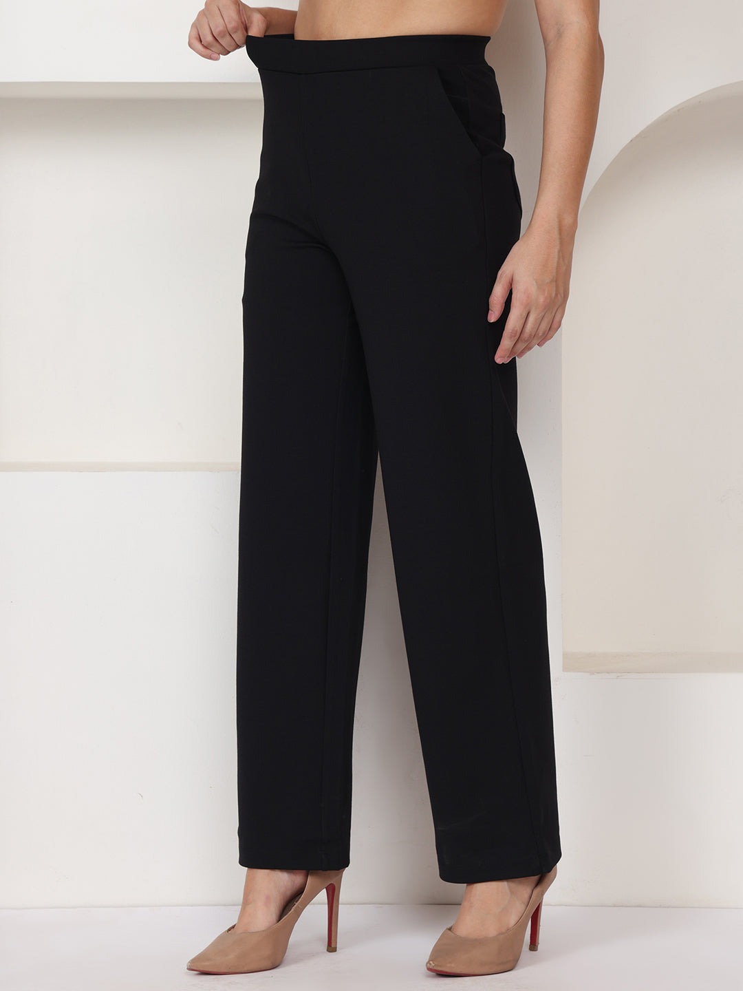 PUELLA Black High-Rise Wide-Leg Formal Pants
