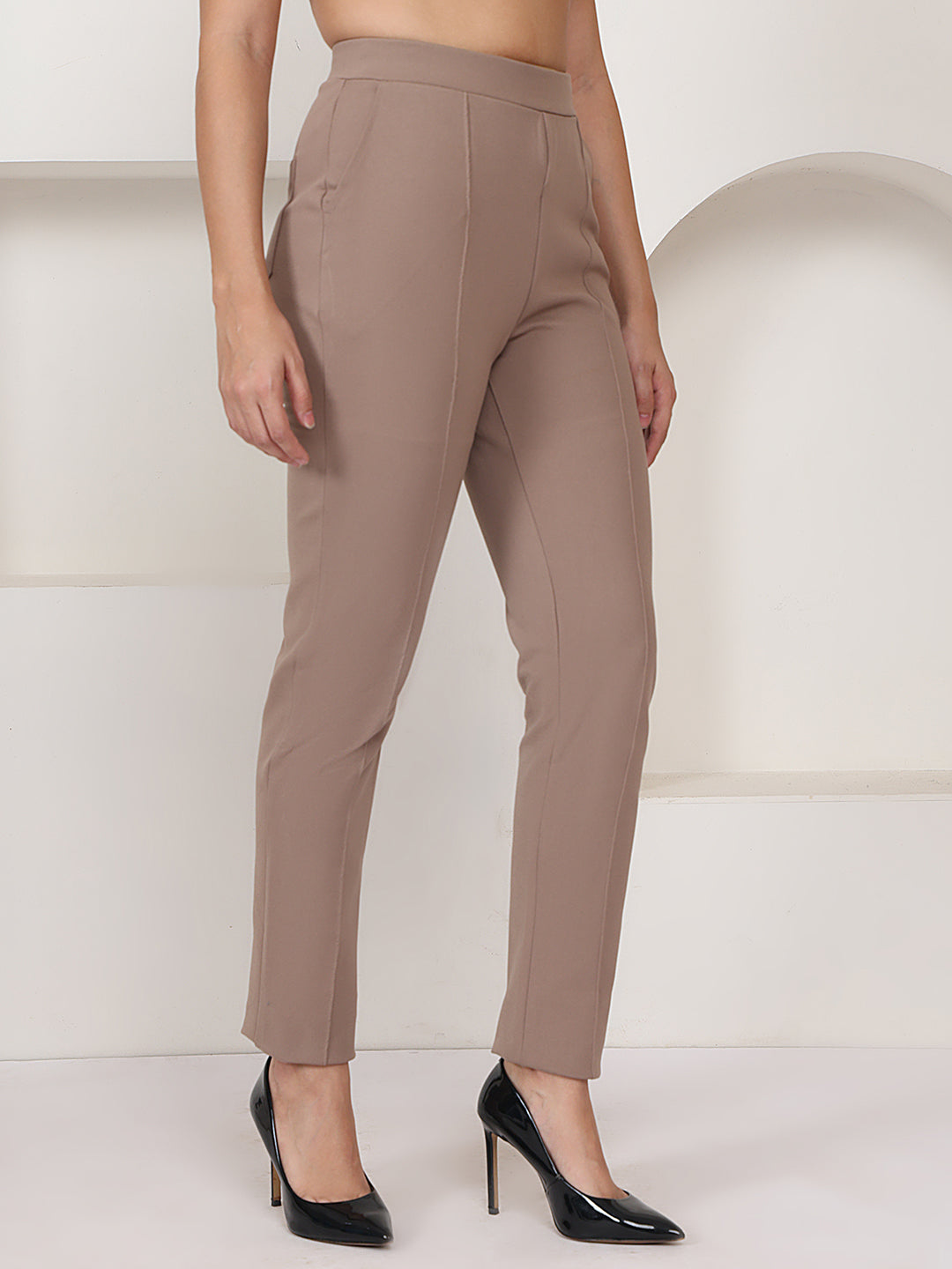 PUELLA Taupe High-Rise Slim Fit Formal Trousers