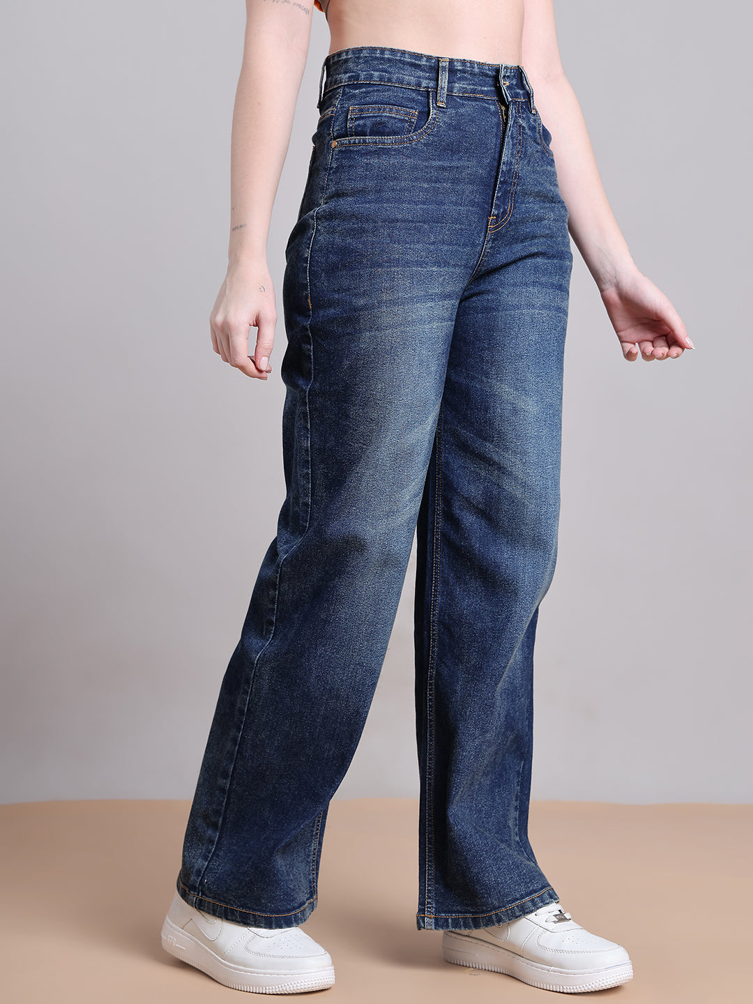 PUELLA Dark Blue High-Rise Straight Fit Jeans (Clean Look)