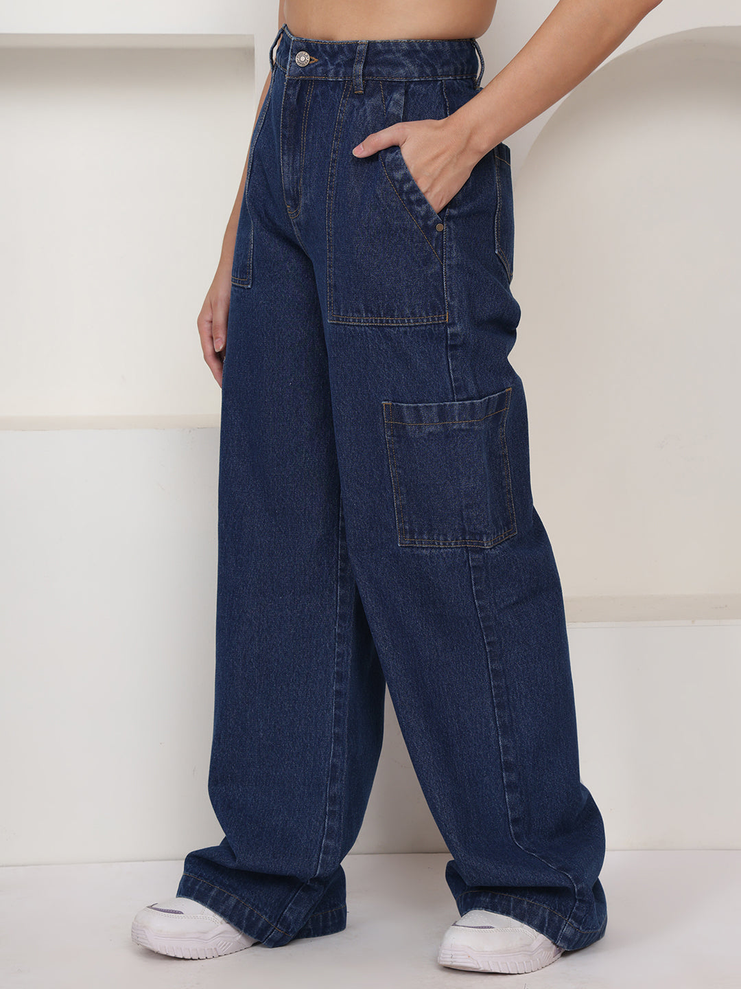 PUELLA Women Dark Blue High-Rise Baggy Cargo Jeans