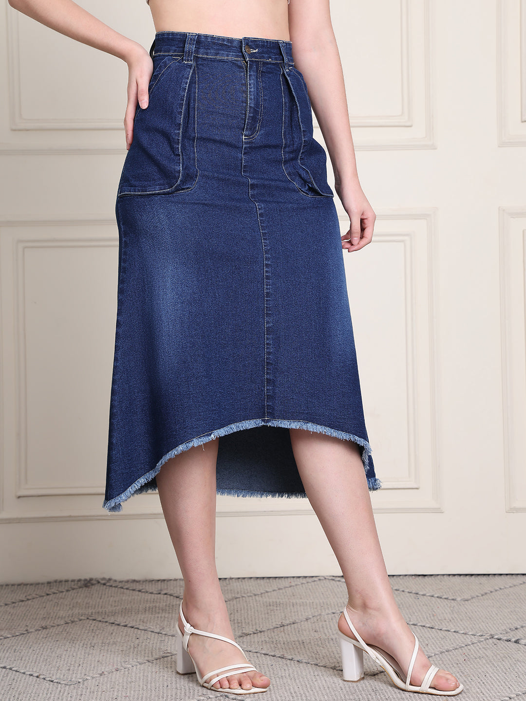 PUELLA Women's Blue Solid A-Line High-Low Denim Midi Skirt