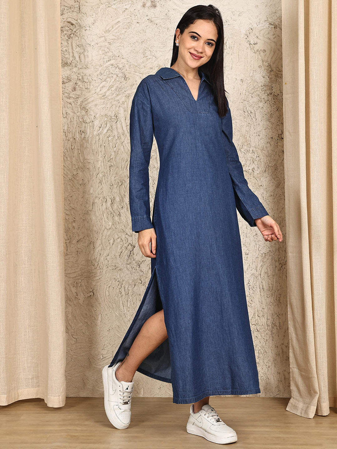 PUELLA Women’s Long Denim Maxi Shirt Dress with Side Slit