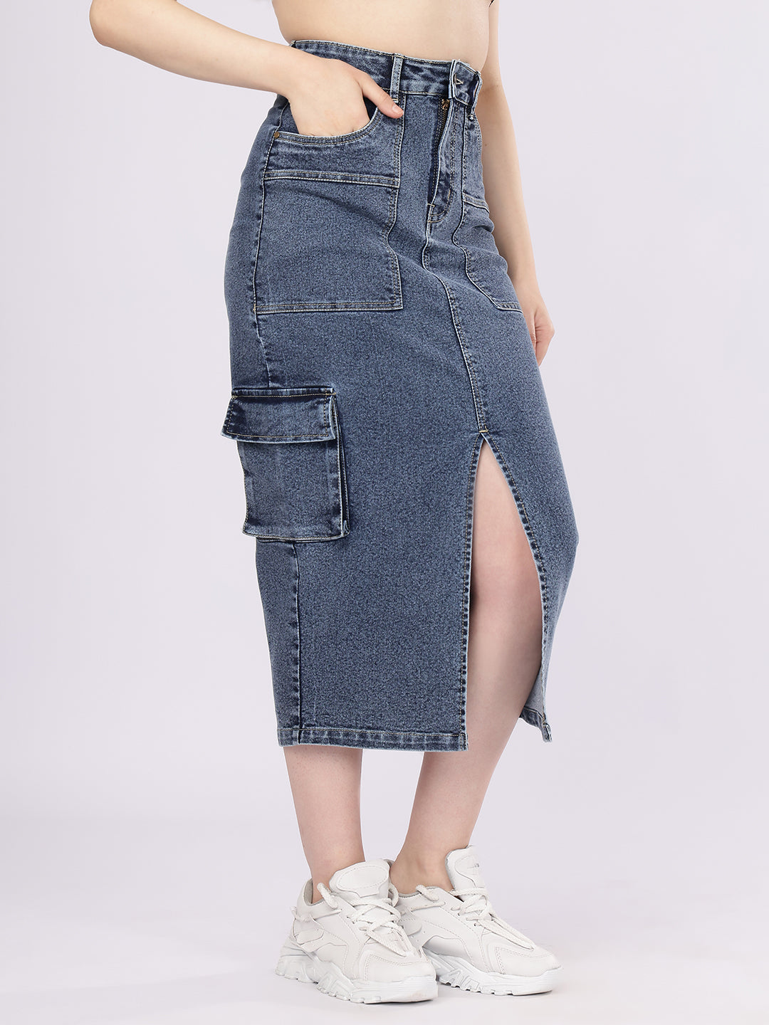 Women’s Blue High-Rise Cargo Denim Skirt